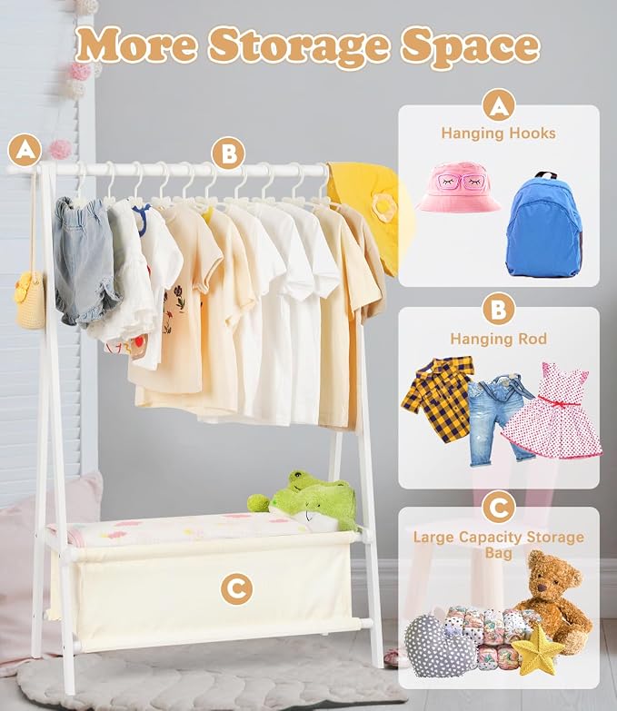Kids Clothing Rack with Storage, Dress Up Rack, Child Clothes, Small Garment, for Costume, Bamboo (White)