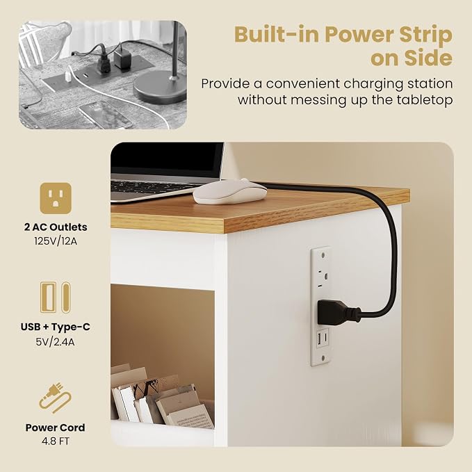 Giantex Folding Sewing Table with Charging Station, Storage Trays & Shelf | Rolling Craft Table with Lockable Wheels, Foldable Sewing Machine Cabinet Desk for Small Spaces, Dorms, White & Natural