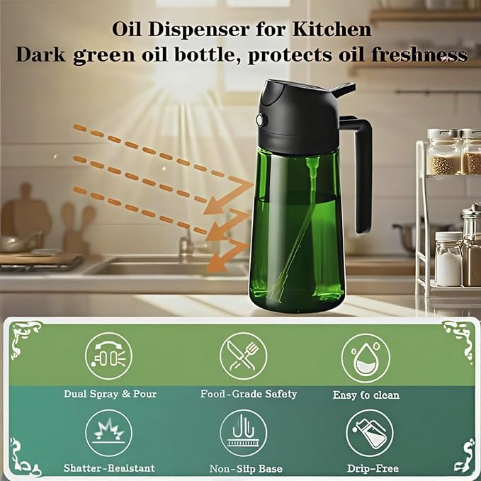 16oz/470ml Glass Olive Oil Sprayer for Cooking, 2 in 1 Oil Dispenser for Kitchen Spray and Pour, Premium Light-Blocking Oil Bottle, Food-Grade Spray Bottle, for Salad, Air Fryer, BBQ