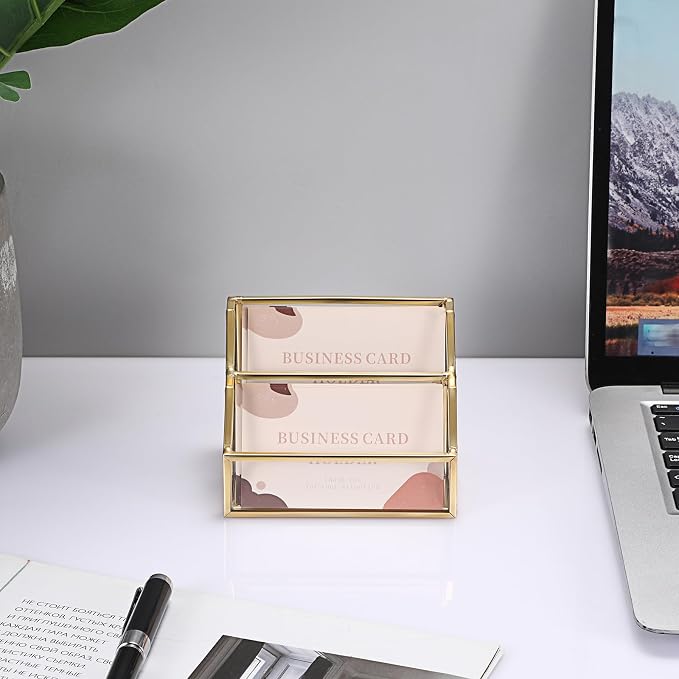 Hipiwe Glass Business Card Holder 2 Slots Gold Business Card Stand Mirrored Base Name Display Holder for Desk Multiple Clear Business Card Holder Display for Office
