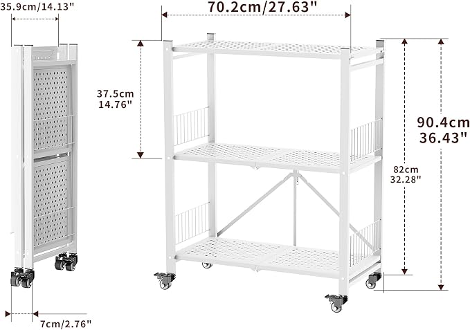 Folding Storage Shelves No Assembly, 3 Tier Foldable Shelves with Wheels, Collapsible Rolling Storage Rack for Pantry Laundry Room Small Spaces, White