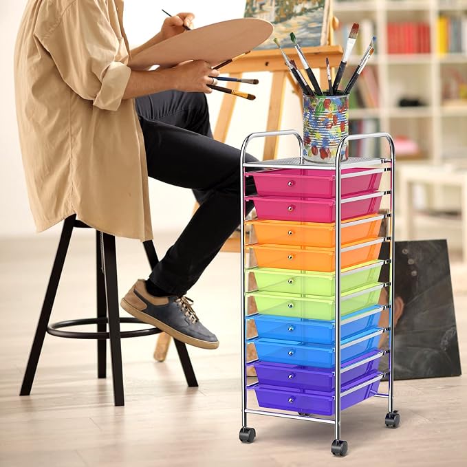 DREAMADE Rolling Cart with Storage Drawers, Utility Cart with Removable Plastic Drawers, Lockable Wheels, Art Cart for Classroom Organization Art Supplies Office Scrapbook (10 Drawers, Rainbow)