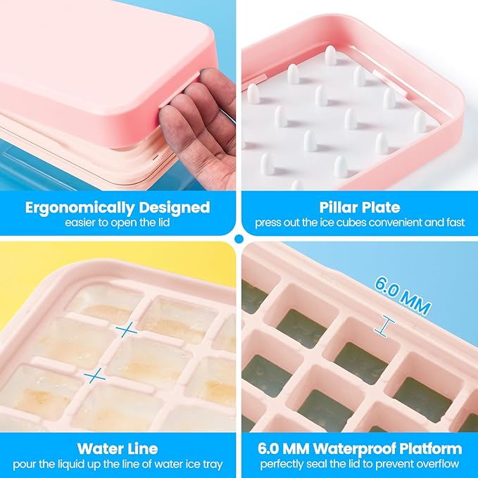 0.8“ Ice Cube Tray with Lid and Bin, PHINOX 28 Cubes Ice Trays for Freezer, Ice Cube Trays for Freezer with 1 tray, Container, Lid & Ice Scoop, BPA Free, Pink(28Cubes/Tier)