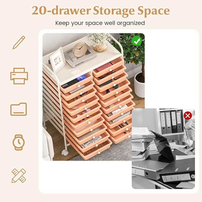 DREAMADE Rolling Cart with Storage Drawers, Utility Cart w/Removable Plastic Drawers, Lockable Wheels, Art Cart for Classroom Organization Art Supplies Office Scrapbook (20 Drawers, Peach)