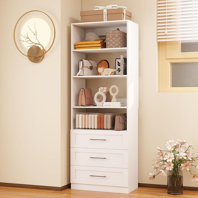 Closet Organizer System with Drawers,4 Shelf,1 Rod, 2FT-5FT,White | Engineered Wooden Shelving System, Small Walk in Closet,Freestanding Corner Storage,White,Modular with Other Units
