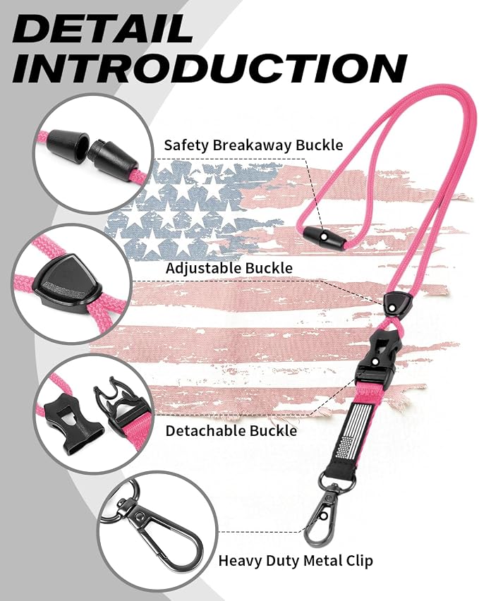 LIUGX Badge Holder with Breakaway Lanyard, Carbon Fiber-Texture, 6 Cards | American Flag, Quick Release Detachable Buckle, Metal Clip, Heavy Duty ID Card Holder, for Work, Office, All Pink