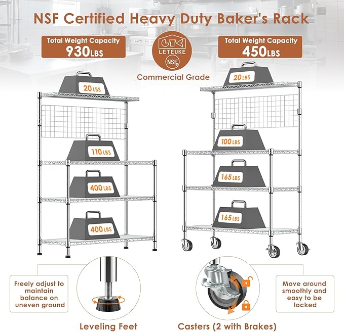 Bakers Rack with Storage & Wheels, 42In Microwave Stand Kitchen Shelves | 4-Tier Heavy Duty Storage Rack with 20 S-Hooks, Commercial Metal Utility Kitchen Cart, 42× 18× 63 Inch, Chrome