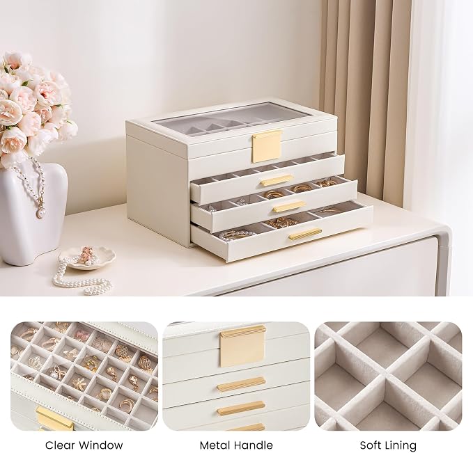 Lolalet Earring Storage Box Case with Glass Top, Large Earring Jewelry Holder Organizer Display with Drawer and Grid, Gift for Girls Women -4 Tiers, Cloud White