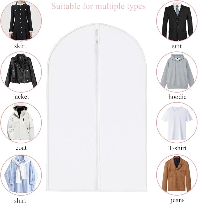 5 Pack Garment Bags for Hanging Clothes, 40" Suit Bags for Closet Storage, Plastic Clothes Covers with Zipper for Dresses