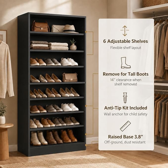 Homieasy 9-Tier Tall Shoe Rack Cabinet for Closet & Entryway, Black | Wooden Narrow Shoe Organizer Cabinet with Adjustable Shelves, Freestanding, for Bedroom, Hallway