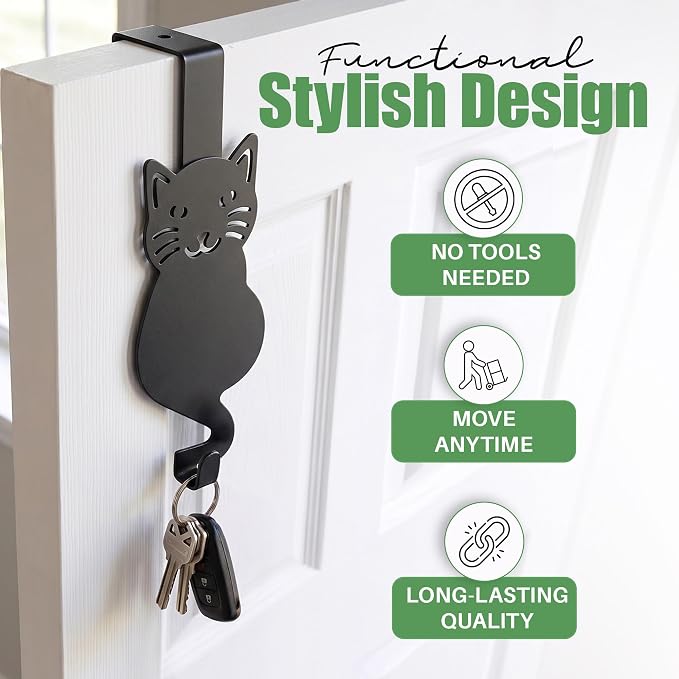 Evelots Over The Door Cat Hooks - 2 Pack - Strong Metal Kitty Decoration - Perfect for Coats, Handbags, Hats, Towels, Wreath Hanger Etc. - Hold up to 20 Pounds - Easy to Install - Rust Free