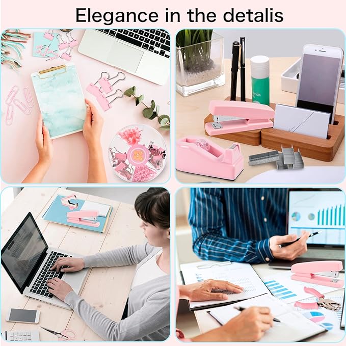 ChezMax Pink Desk Accessory Kit Includes Stapler with Staples Staple Remover Tape Dispenser Transparent Tape Scissors Push Pins Paper Clips Binder Clips Single Hole Punch Telescopic Knife Tape Measure