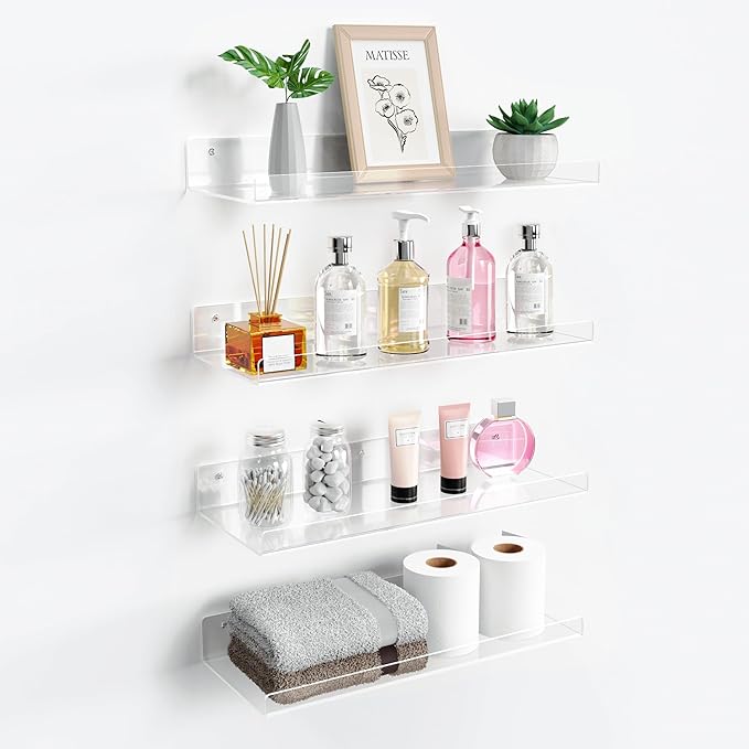 upsimples 15" x 6" Acrylic Shelves for Wall Storage and Organizer, 4 Pcs | Versatile Floating Shelf for Skincare, Bag, Wall Organizer for Bathroom, Bedroom, Living Room, Kitchen, Playroom, Room Décor