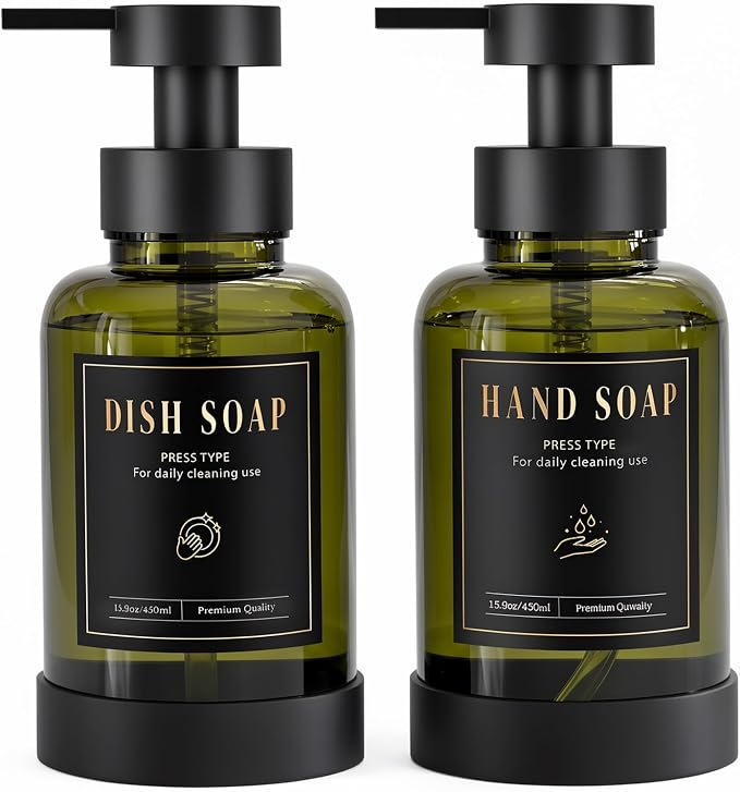Luxspire Foaming Soap Dispenser, Glass Foam Pump Soap Dispenser, Non-Slip Hand Soap Container with 5 Waterproof Labels, 15 Oz Refillable Liquid Soap Holder for Bathroom & Kitchen, Olive Green, 2 Pack
