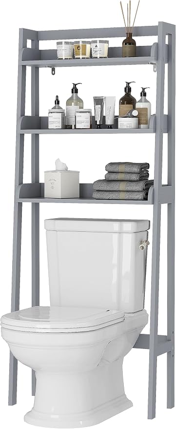 UTEX Over The Toilet Storage Shelf, 3-Tier Bathroom Shelf Rack, Gray | Space-Saving Bathroom Organizer with 3 Open Shelves for Towels & Toiletries, Adjustable Lower Crossbar, 33-Inch Clearance