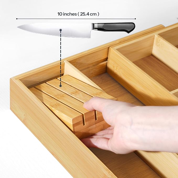 HOOBRO Large Silverware Organizer Kitchen Drawer Organizer, Magnetic Connected Expandable Utensil Organizer From 22.8 to 35.4 Inches, Bamboo 16 Slots Cutlery Tray with Knife Holder, Natural YL07TL01
