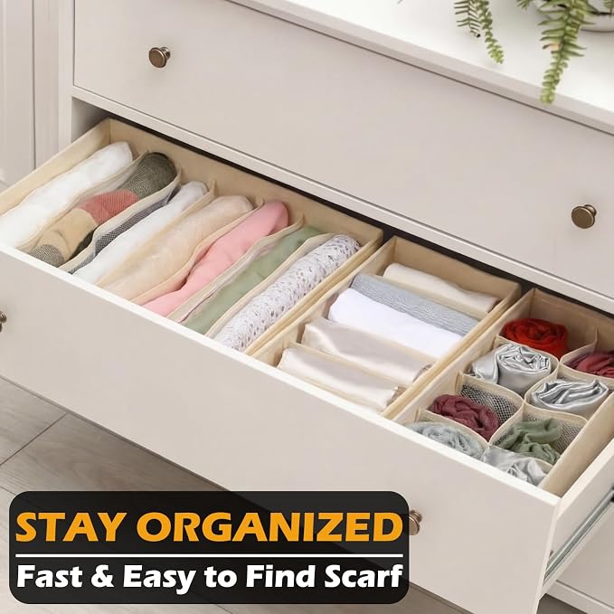 Soft Scarf Organizer for Closet Drawer 3 Set Fabric Storage Bins with 6, 7, and 8 Compartments for Scarves and Accessories Space Saving Closet Organizers Non Damaging Flexible Storage for Home (Beige)
