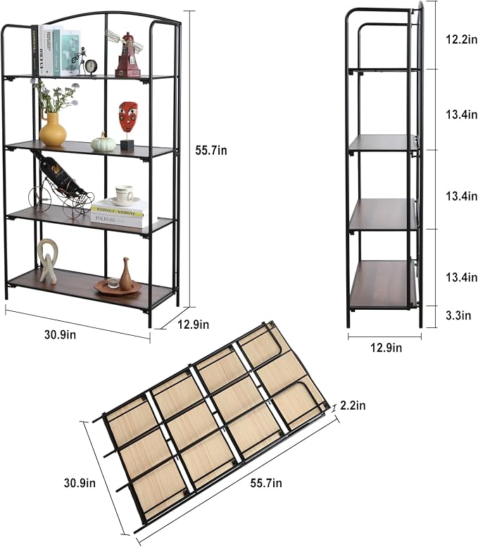 Crofy 4-Tier Wider Foldable Bookshelf, Black Frame & Walnut Shelves | No-Assembly Collapsible Portable Storage Organizer; Sturdy Walnut Finish Shelves; Ideal for Living Room & Home Office