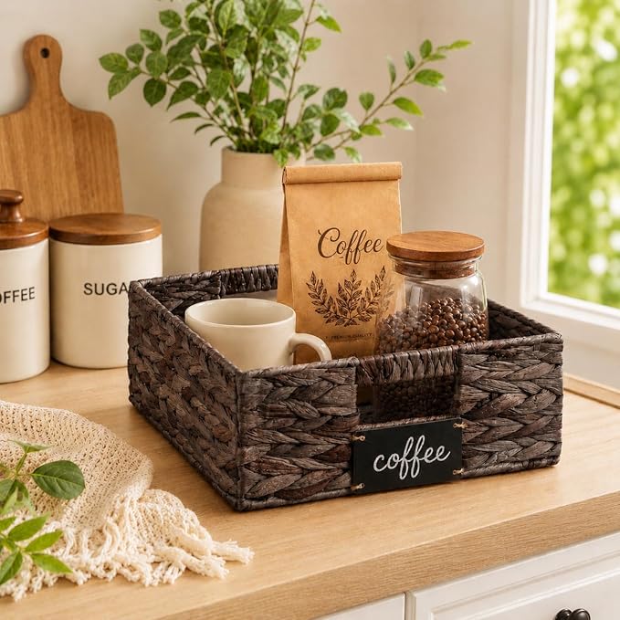 Nitial Wicker Storage Basket, Rectangular Water Hyacinth Storage Basket for Shelving, Foldable Woven Pantry Organizer with Chalkboard Label and Chalk Marker(16 x 12 x 5 Inch,Dark Brown)