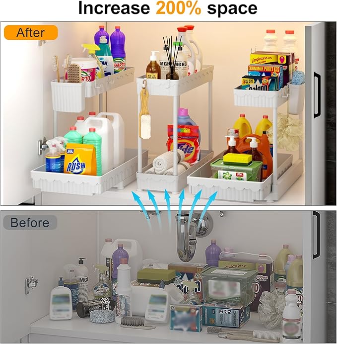 Sevenblue 3 Pack Multi-Purpose Under Sink Organizers and Storage, 2026 L-Shaped Pull Out Cabinet Organizer for Bathroom & Kitchen, Under Cabinet Organizer with Hooks Hanging Cup (White, 12.85 inch)