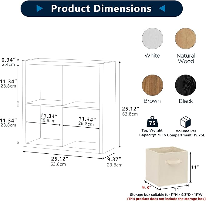 4 Cube Storage Organizer, Cubby Storage Shelf, 2x2 Cube Bookshelf, Wooden Organizer Shelf with Thickened Boards, for Closet Bedroom Home Living Room, 25.12" L x 9.37" W x 25.12" H, Natural-Oak