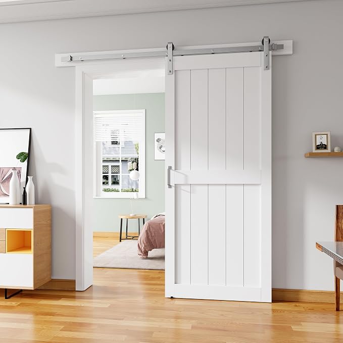 38''x84'' Sliding Barn Door with 6.6 Ft Brushed Nickel Hardware | Pre-Drilled Holes Easy Assembly - Include Installation Manual, Water-Proof PVC Surface, H-Frame, White