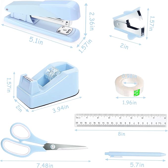 Dimonluce Blue Desk Accessories, Blue Office Supplies Accessories with Tape Dispenser, Stapler, Staple Remover, 1000 Staples, Tape, Clips Set, Ruler, Scissor, Pen