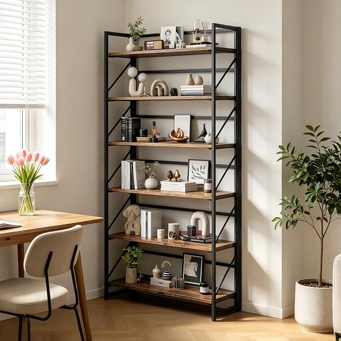 JSB 6 Tier No Assembly Folding Bookshelf, 30.7" Wide Foldable Storage Bookcase for Home Office, Space-Saving Storage Shelf for Living Room (Fire Brown)