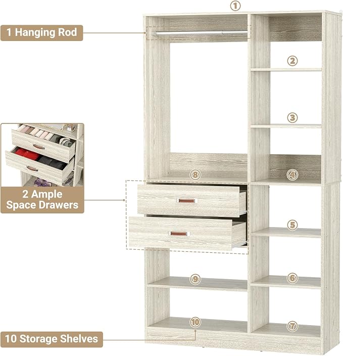 Armocity Freestanding Closet System, 40 Inches Stand-Alone Wardrobe with 10 Shelves, 80'' Height Adjustable Cloth Garment Rack with 2 Wood Drawers, Wood Walk-in Closet with Hanging Rod, White Oak