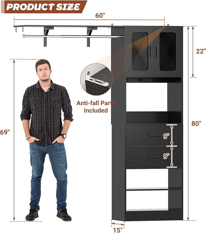 5FT Closet System with Doors and Wooden Drawers, 60'' Reversible Closet Organizer System with Big Wing Shelf and Hanging Rod, 80'' Tall Walk in Wardrobe Closet System with Shelves & Hooks, Black