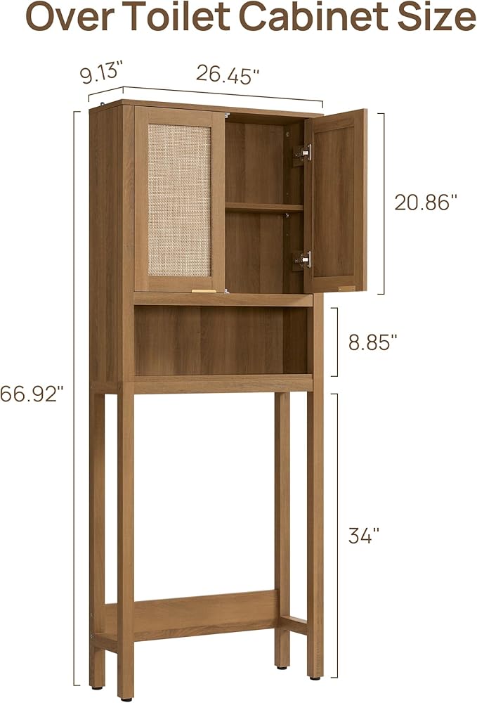 SICOTAS Over the Toilet Storage Cabinet, Rattan Door Bathroom Organizer | Freestanding Bathroom Organizer with Adjustable Shelf, Over Toilet Storage Cabinet for Bathroom, Laundry Room, dnd Restroom