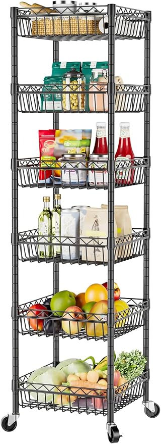 SINGAYE 6 Tier Shelf Wire Shelving Adjustable Storage Shelves Basket Rack | Adjustable Shelves with Wheels Metal Storage Unit Closet Bathroom Organizers Pantry Kitchen Garage Laundry Room Black