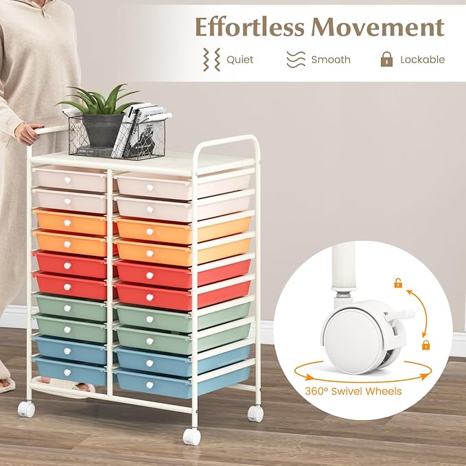 LDAILY 20-Drawer Rolling Storage Cart, Rolling Storage Cart, Storage Organizer on Wheels, Metal Frame, Scrapbook Paper Tools, Suitable for Office School, Classroom (Macaron, 20 Drawer)