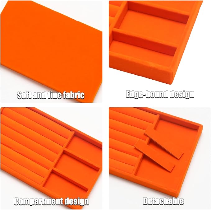 Velvet Jewelry Trays for Drawers, Orange Stackable Jewelry Drawer Organizer Inserts, Ring Earring Necklace Bracelet Holder Organizer Storage Display Tray with Removable Dividers, 2-in-1