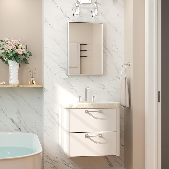 Keonjinn 16 x 24 Inch Brushed Silver Bathroom Mirror for Wall, Silver Rectangle Vanity Mirror, Modern Farmhouse Mirrors, Metal Framed Rectangular Square Corner Mirrors(Horizontal/Vertical)