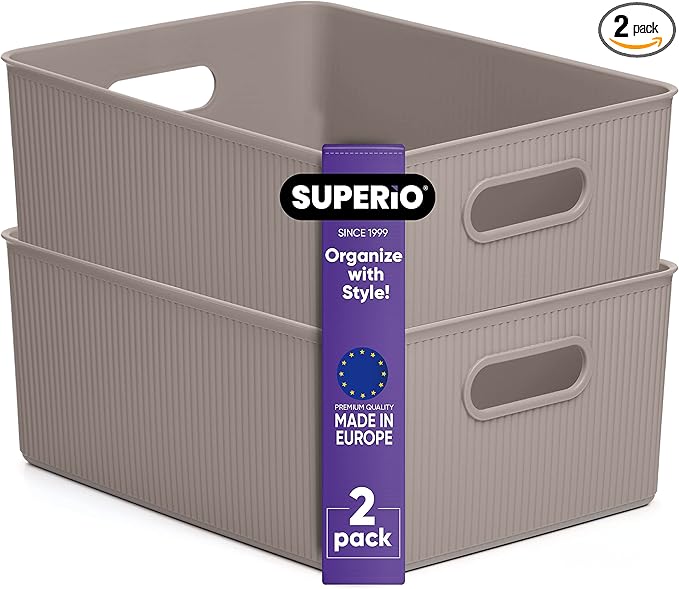 Superio Ribbed Collection - Decorative Plastic Basket Open Home Storage Bins Organizer, Large Taupe (2 Pack) Container Boxes for Organizing Closet Storage Bins for Shelves 15 Liter/16 Quart