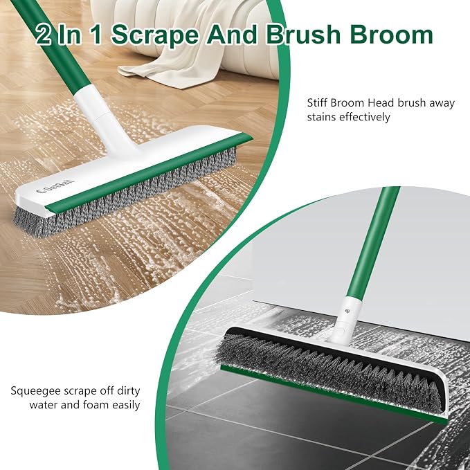 SetSail Floor Scrub Brush, Scrub Brush with Long Adjustable Handle 2 in 1 Scraper Brush Stiff Bristle Floor Scrubber for Cleaning Bathroom Shower Kitchen Garage Deck Tile Tub, White Green