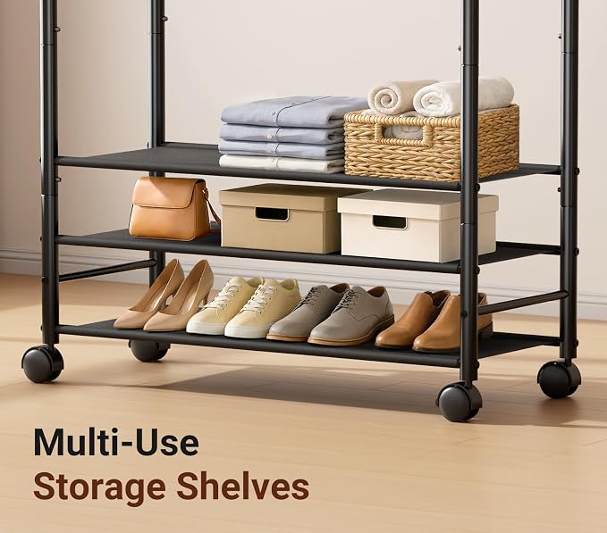 SLEEPING LAMB 44" Double Rods Clothes Rack for Hanging Clothes, Sturdy Wardrobe Clothing Rack with 3 Tier Shelves, Portable Rolling Garment Rack With Wheels for Bedroom, Laundry Living Room, Black