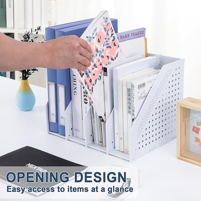 FRETONBA Collapsible Magazine File Holder, 4 Vertical Compartments | Foldable Space-Saving, Sturdy Plastic Binder Holder, Compact for Desk or Shelf, for Office & Home, Easy Access, Light Gray