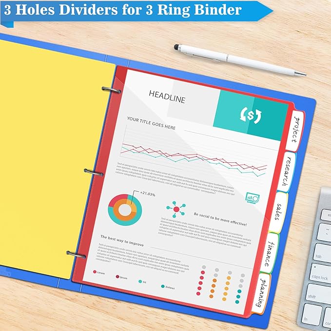 V-Opitos 5-tab Index Dividers with 3 Holes Punched, Set of 3 Plastic Dividers with Clear Front Pocket, Multicolor Dividers for 3 Ring Binders, 15 Pcs Dividers for School & Office Supplies