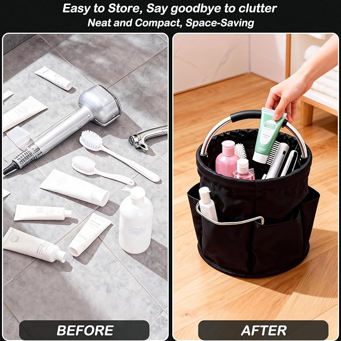 17L Foldable Cleaning Caddy with Handle, Cleaning Supplies Organizer Storage Basket with 6 Side Pockets, Portable Multi Cleaning Bucket Bag for Home Garden Bathroom Camping (Black)