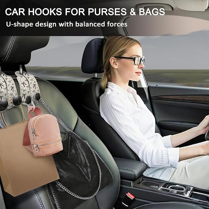Blusabaca 2PCS Car Hooks for Purses Bags, Cute Black Ribbon Bow Seat Back Storage Headrest Holder Hanger PU Leather Double Metal Backseat Organizer, Women Car Accessories Organization