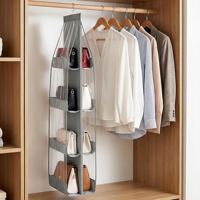 4 Pack 8 Pockets Handbag Hanging Purse Organizer for Closet, Purse Storage, Womens Purses Hanger and Handbag Organizer for Space Hanging Shelf for Closet, Wardrobe, Over Door (Grey)