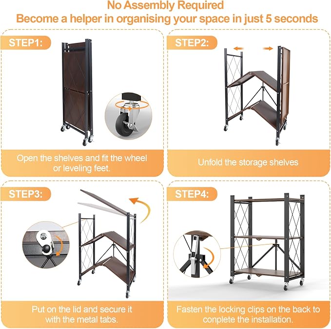 3 Tier Vintage Multifunctional Folding Shelf with Wheels, Portable Heavy Duty Storage Shelving, No-Assembly Folding Bookshelf, Metal Collapsible Rack Unit for Kitchen, Office, Bedroom, Rustic Brown