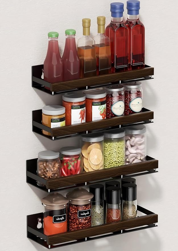 Walnut Magnetic Spice organizer for Refrigerator Wall Mount Spice Rack Magnetic Fridge Shelf Spice Jar Seasoning Organizer (Walnut 4 Pack)