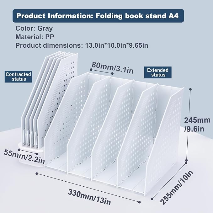 FRETONBA Collapsible Magazine File Holder, 4 Vertical Compartments | Foldable Space-Saving, Sturdy Plastic Binder Holder, Compact for Desk or Shelf, for Office & Home, Easy Access, Light Gray