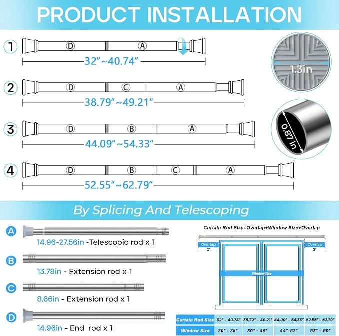 Spring Tension Curtain Rod 32-62 inch, Adjustable Expandable Tension Curtain Rod No Drilling, Tension rods for Window Doorway Kitchen Curtain, Silver