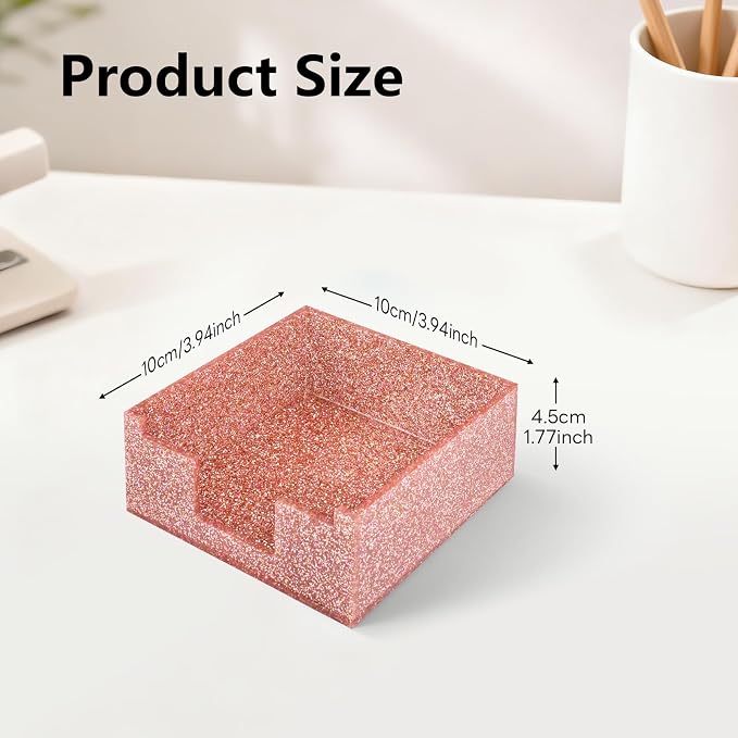 Acrylic Sticky Note Holder 4x4in Tray for Desk, Light Pink Glitter | Sparkling glitter acrylic tray, fits 3x3 sticky notes, compact organizer for office school and home