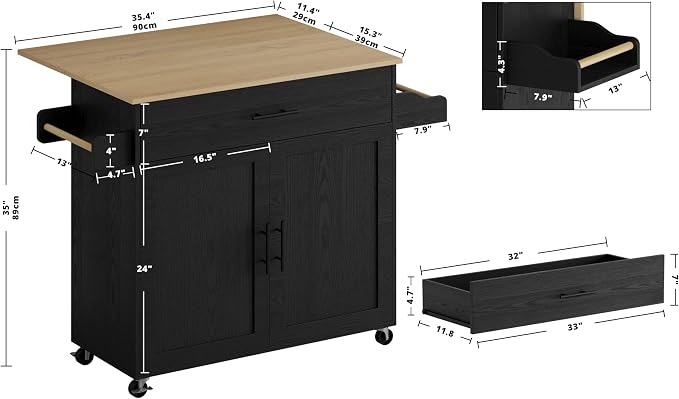 IRONCK Rolling Kitchen Island Cart with Drop-Leaf and Wine Rack, Black | Wheels, Drawers, Open Shelves, Adjustable Shelves, and Spacious Drawer Storage