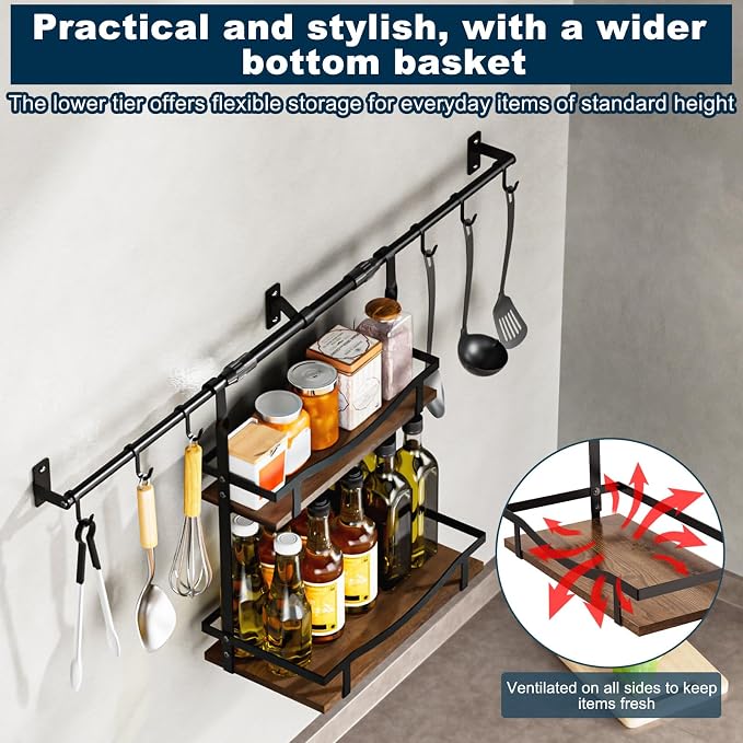 Upgraded Wooden Adjustable Wall-Mounted Condiment Rack,6 pack kitchen hooks,heavy-duty kitchen wall shelf, suitable for use as an over-the-stove shelf, coffee shelf, or shower wall caddy.